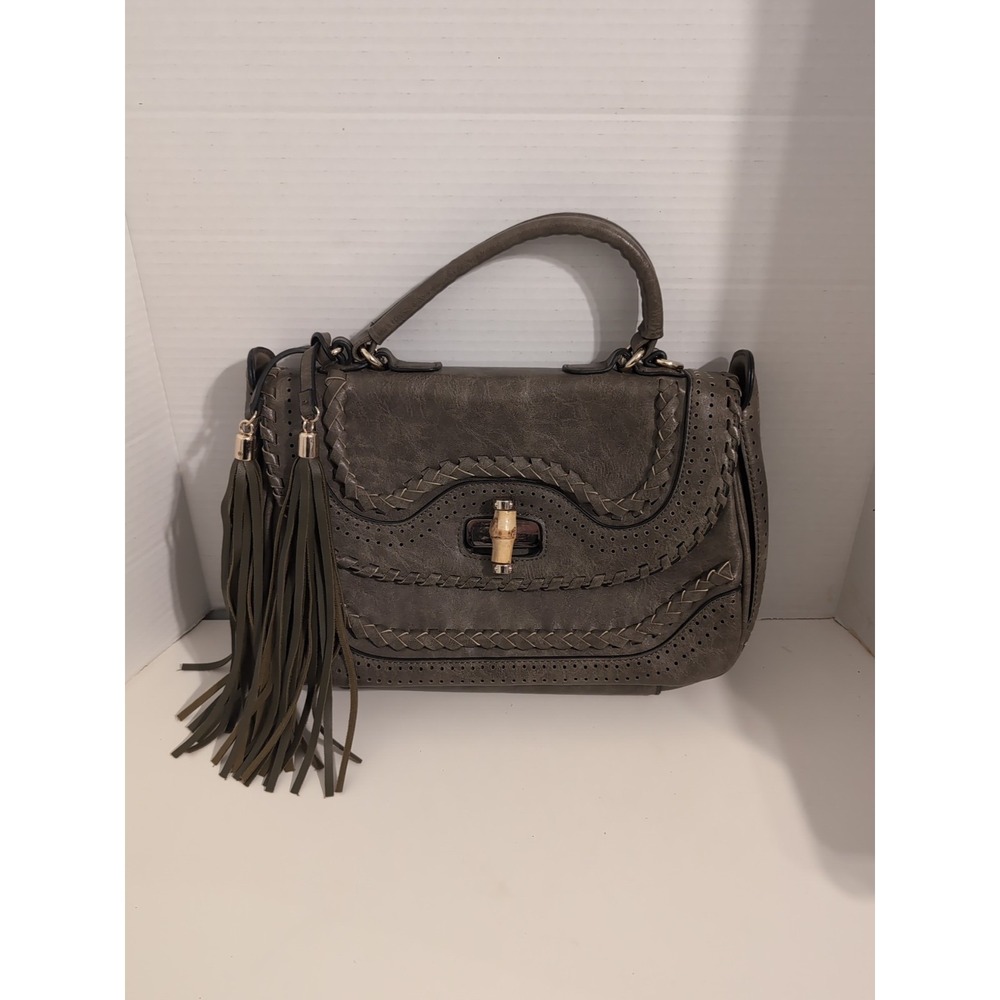 Vegan Leather Boho Olive Handbag Braided & Perforated Detail Tassels